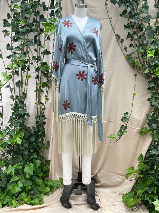 "Sparkle Sage" Sage Satin Daisy OOAK  Sheryle Robe OS(fits S-XL) Handprinted SAMPLE SALE